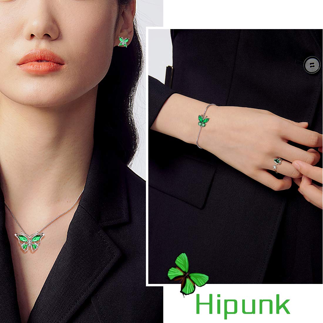 Hipunk Butterfly Green Jewelry Sets Birthstone Women 925 Sterling Silver May-Emerald Birth Stone Animal Butterflies Jewelry Sets/Earring/Ring/Bracelet Set Crystal Birthday Jewelry SS0003G