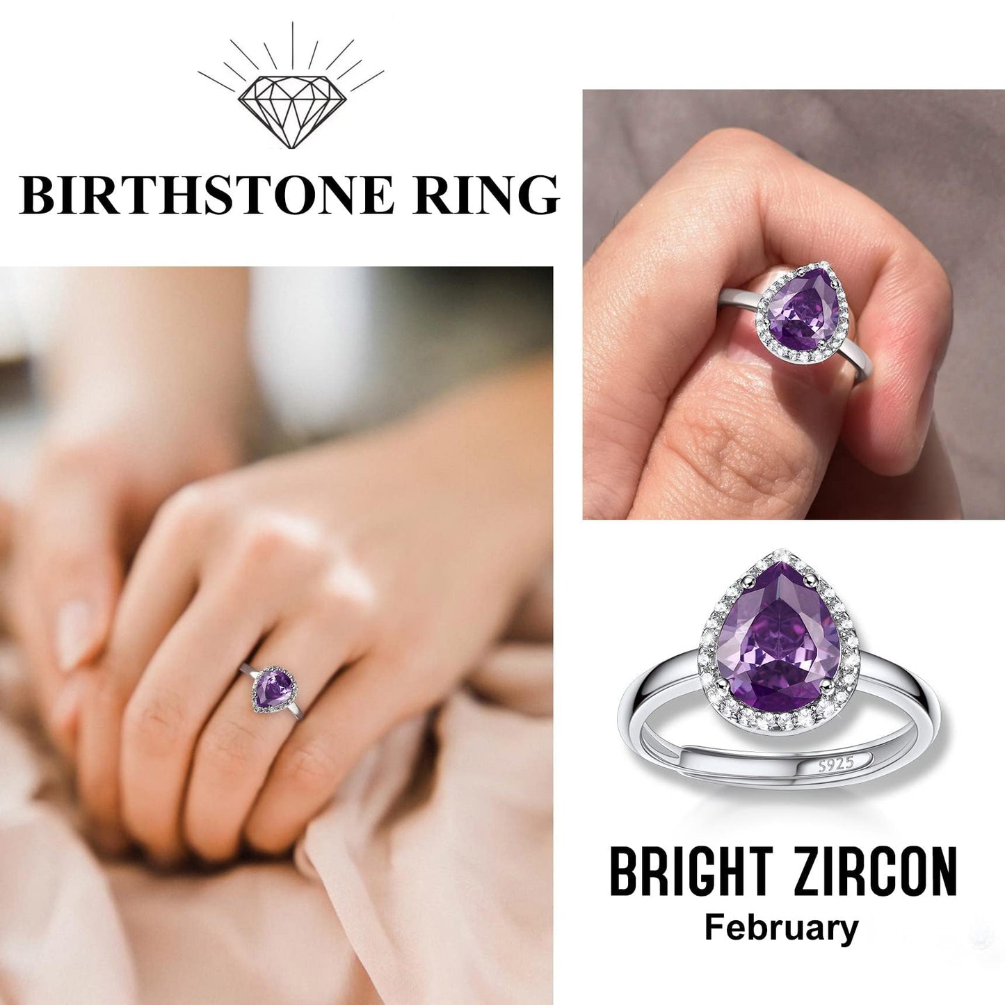Bestyle 925 Sterling Silver Teardrop Crytsal Cubic Zirconia Rings | Classic Silver February Amethyst Crystal Birthstone Rings for Women, Great Birthday Gift for Wife/Mom/Grandma