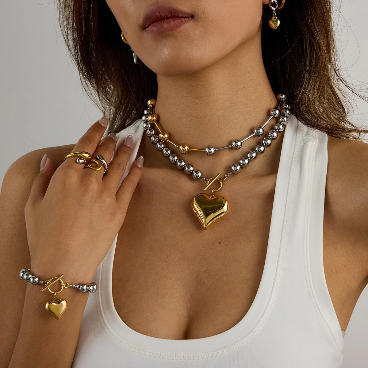 NUZON Chunky Puff Heart Pendant Necklace for Women 18K Gold Plated Large Heart and Silver-tone Beaded Chain Necklace 2-tone Stainless Steel Toggle Clasp Statement Jewelry 18''