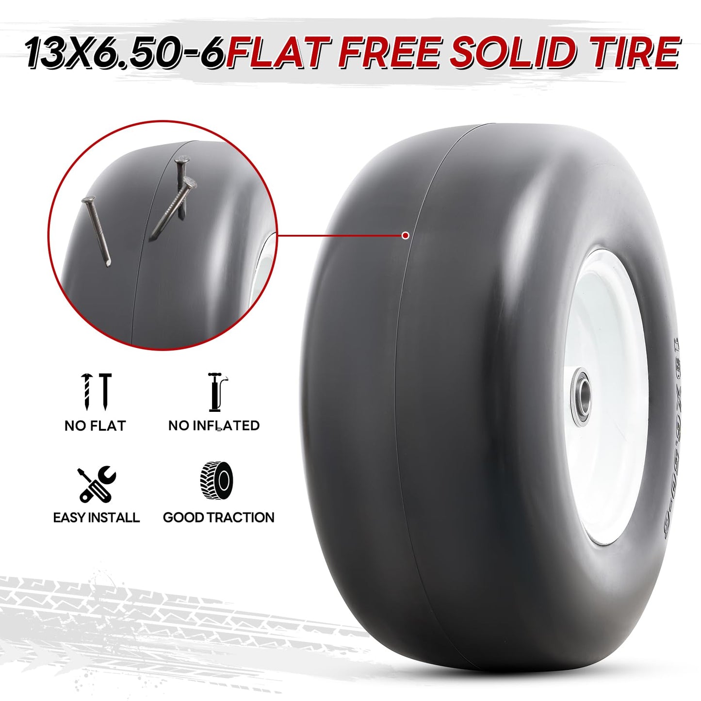 13” Solid Tires, Flat Free 13x6.50-6” Wheels with 3/4” Axle Bore Hole and Double Sealed Bearings Compatible with Hand Truck Wheelbarrow Tire Lawn Mower Tires (White, 2PCS) P-100