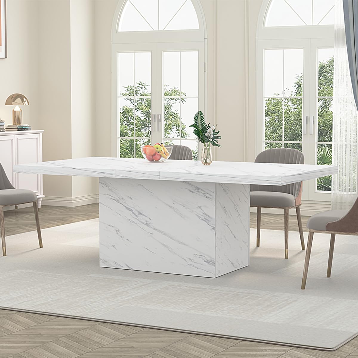 HSH 71” White Faux Marble Dining Table, Rectangle Modern Dinner Kitchen Table for 6-8, Farmhouse Long Kitchen Furniture for Living Room, Industrial Wood Dining Room Table with Sturdy Base