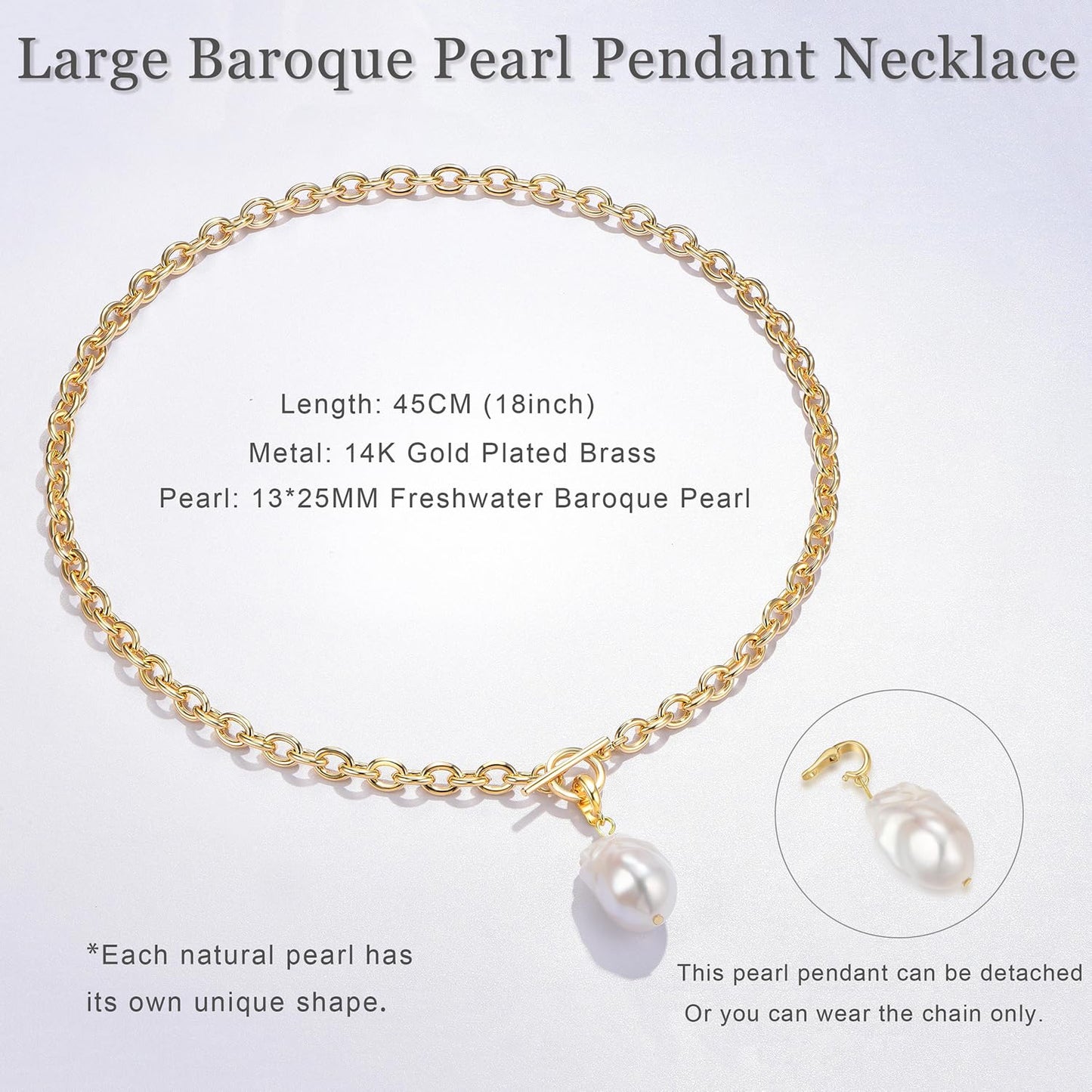 Large Freshweater Baroque Pearl Pendant Necklace for Women Chunky Single Irregular Pearl Chain Choker Handmade 14K Gold Plated Thick Link Chain with Toggle Clasp Vintage Summer Jewelry Gifts 18''