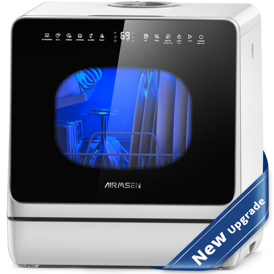 AIRMSEN Countertop Dishwasher - 8 Wash Programs and 3 Useful Function, Integrated Water Softener, Delayed Start, Child Lock, No Hookup Needed, Portable Mini Size for Home, Apartments & RVs