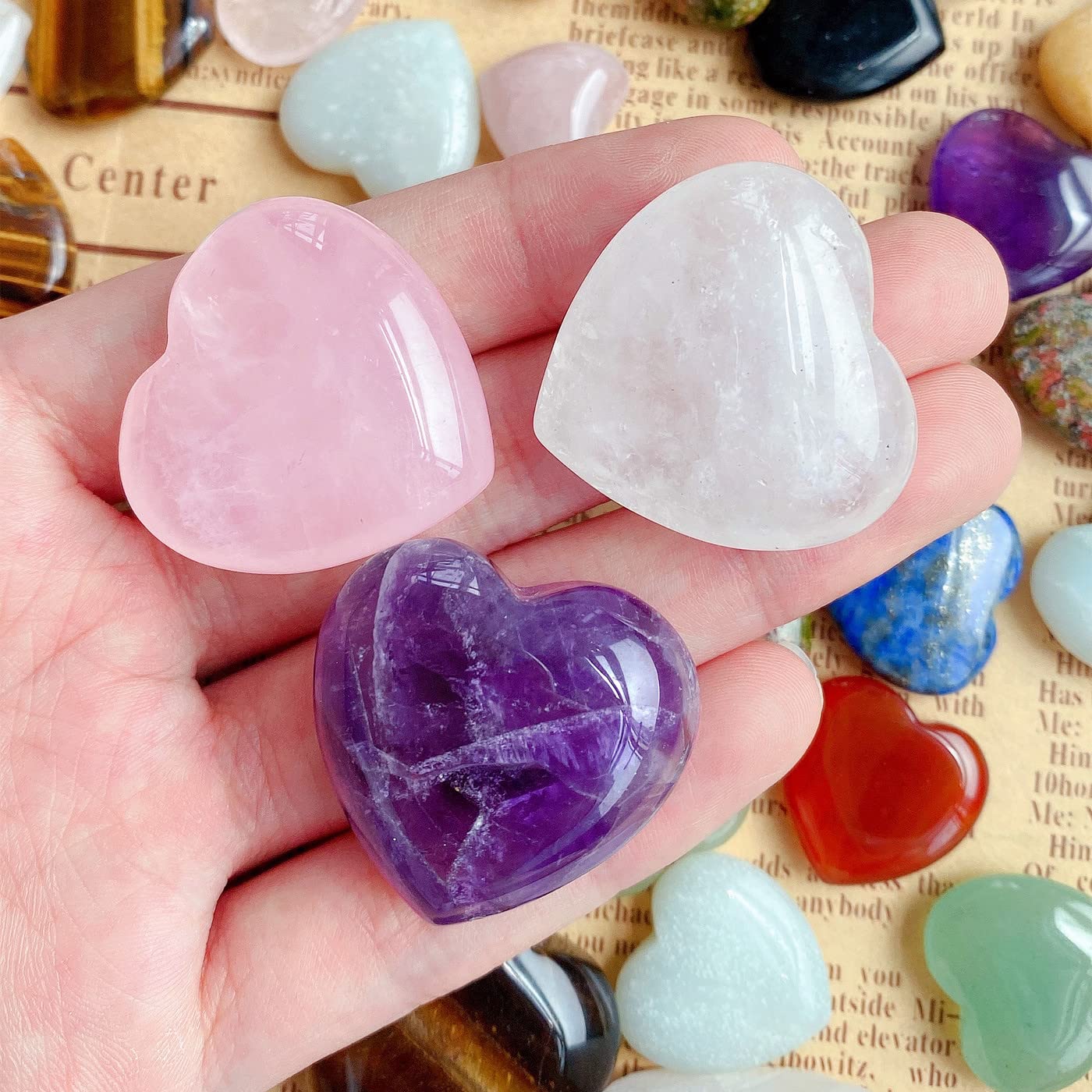 QINJIEJIE 1.2" Large Heart Crystals Rose Quartz Amethyst Healing Clear Crystal Heart Shape Love Stones Gemstones Stone Stocking Stuffers Polished Thumb Gemstones Therapy Energy Balancing Gifts 3 Pcs