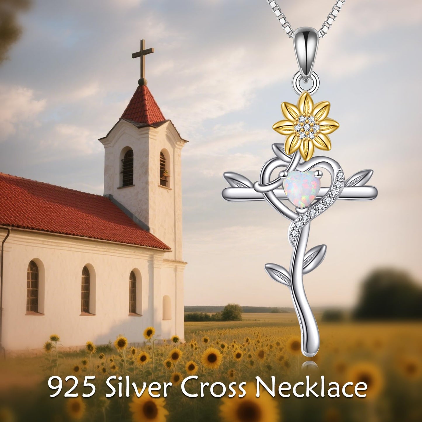 POPLYKE Cross Necklace for Women Sunflower Cross Necklace 925 Sterling Silver Opal Pendant Religious Jewelry Sunflower Gift for Her