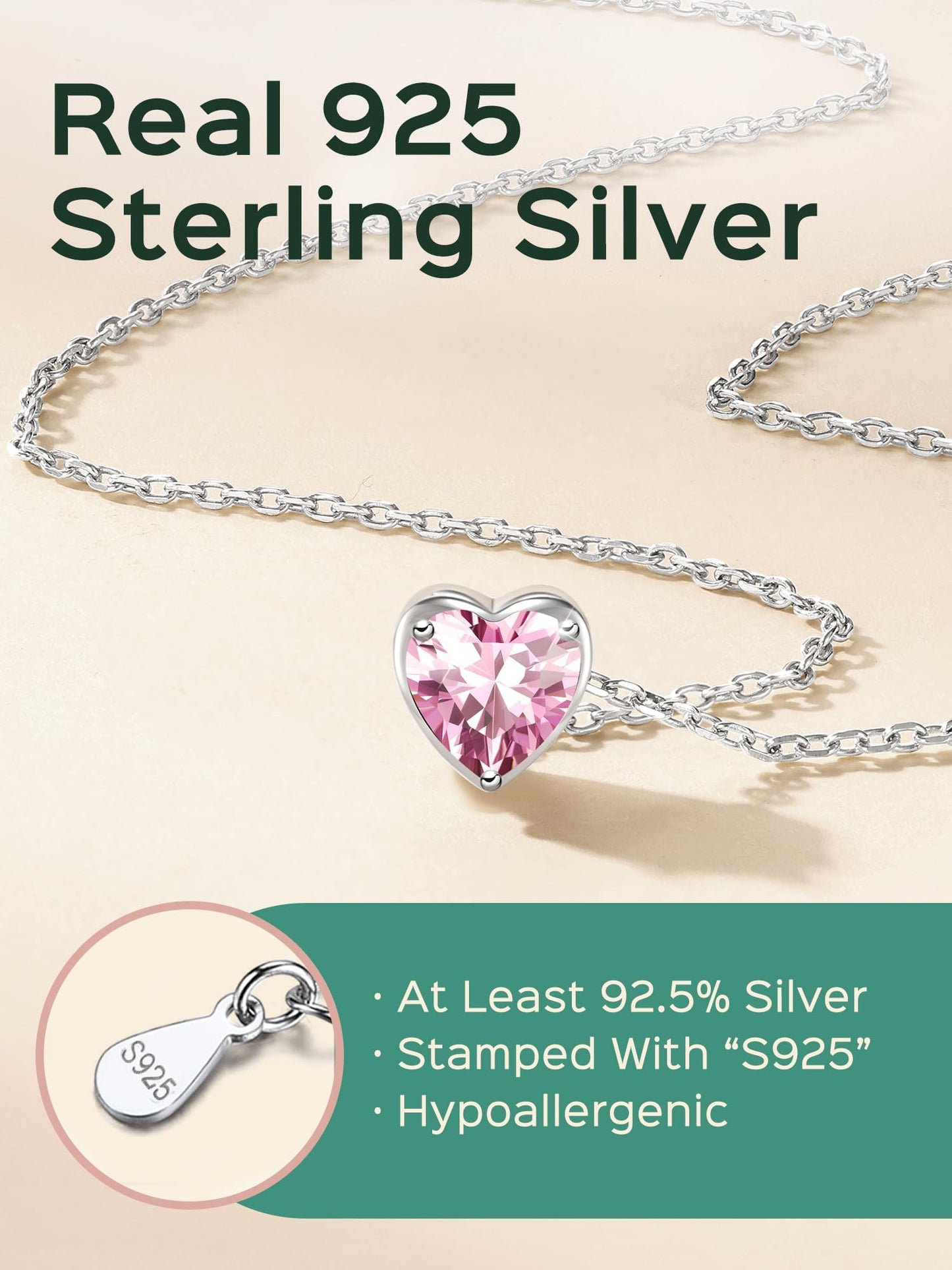 ChicSilver 925 Sterling Silver Heart Choker Necklace Small Dainty Tourmaline Cubiz Zirconia October Birthstone Pendant Necklace Personalized Jewelry for Women