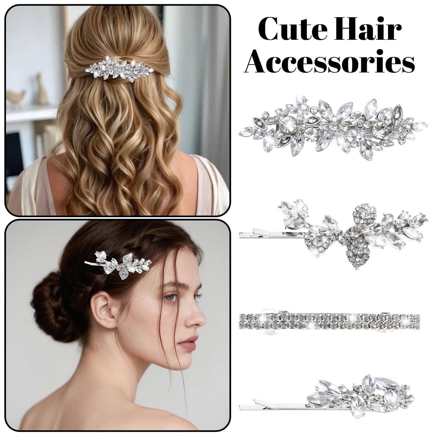 4 Pcs Rhinestone Hair Clips Silver Hair Clips Wedding Bridal Barrettes Crystal Bobby Pins Brides Jewelry Leaf Wedding Hairpins Elegant Accessories for Brides Bridesmaids Flower Girls