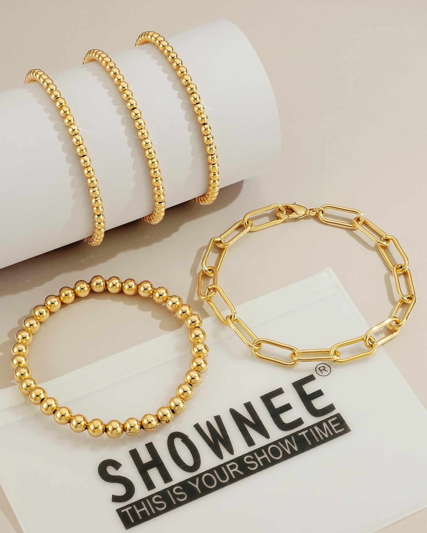 shownee Gold Beaded Bracelet for Women 14K Gold Plated Bracelets Gold Stretch Bead Ball Bracelet Hypoallergenic Stackable Bracelet Set 6.8 inch Graduation Gift for Her Mothers Day Gifts for Mom