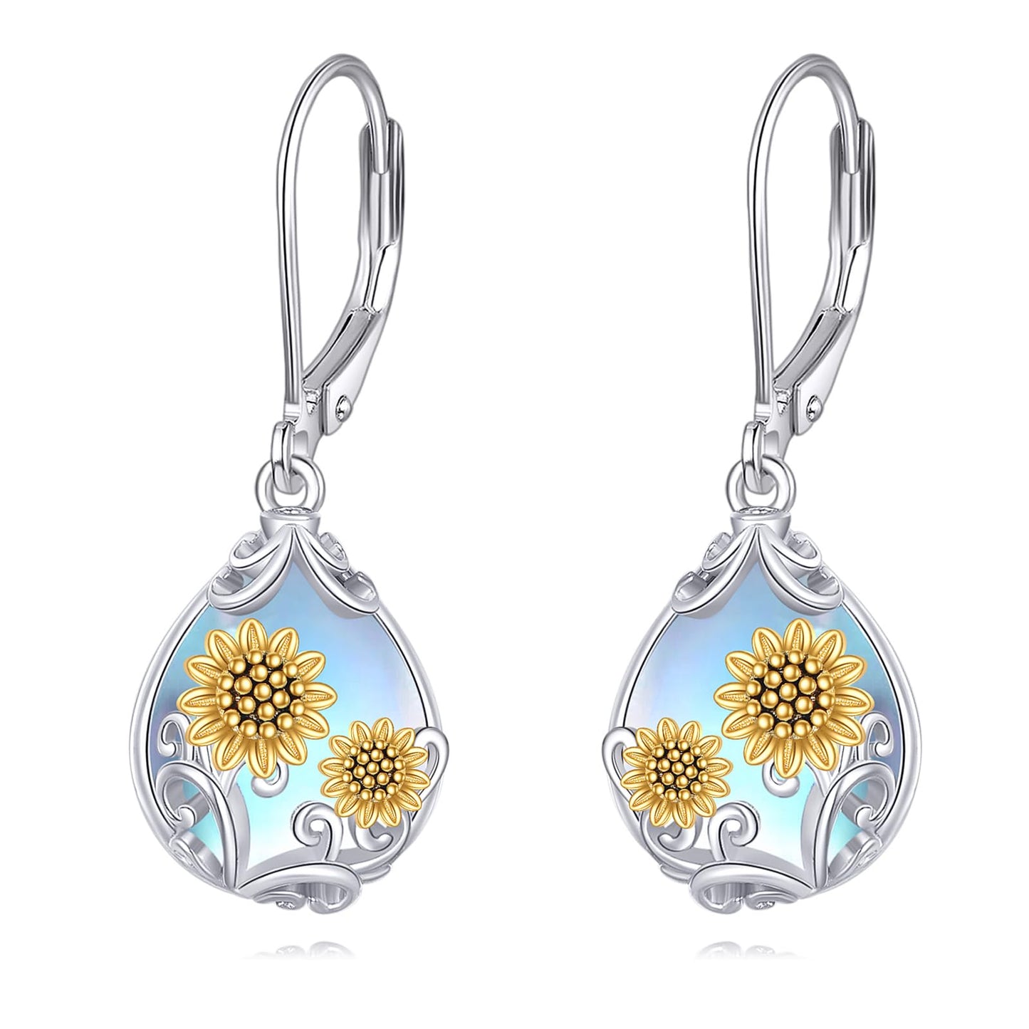 POPLYKE Moonstone Sunflower Teardrop Drop Dangle Earrings Sterling Silver Sunflower Leverback Earrings Moonstone Jewelry Gifts for Women