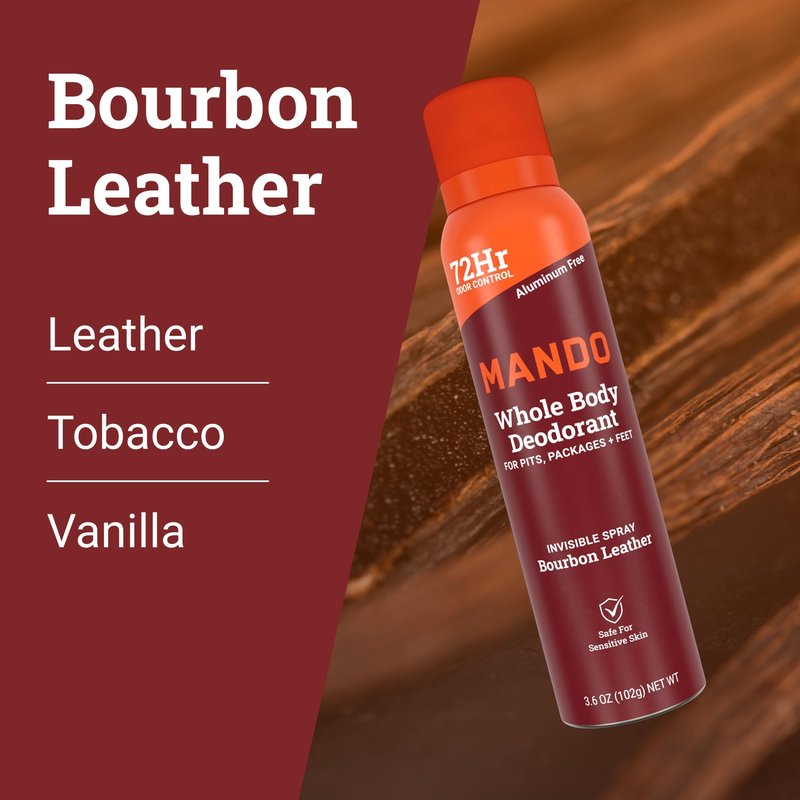 Mando Whole Body Deodorant For Men - Invisible Spray Deodorant - 72 Hour Odor Control - Low Irritation Formula - Aluminum Free, Benzene Free - 3.6 ounce Cans (Pack of 2) - Bourbon Leather
