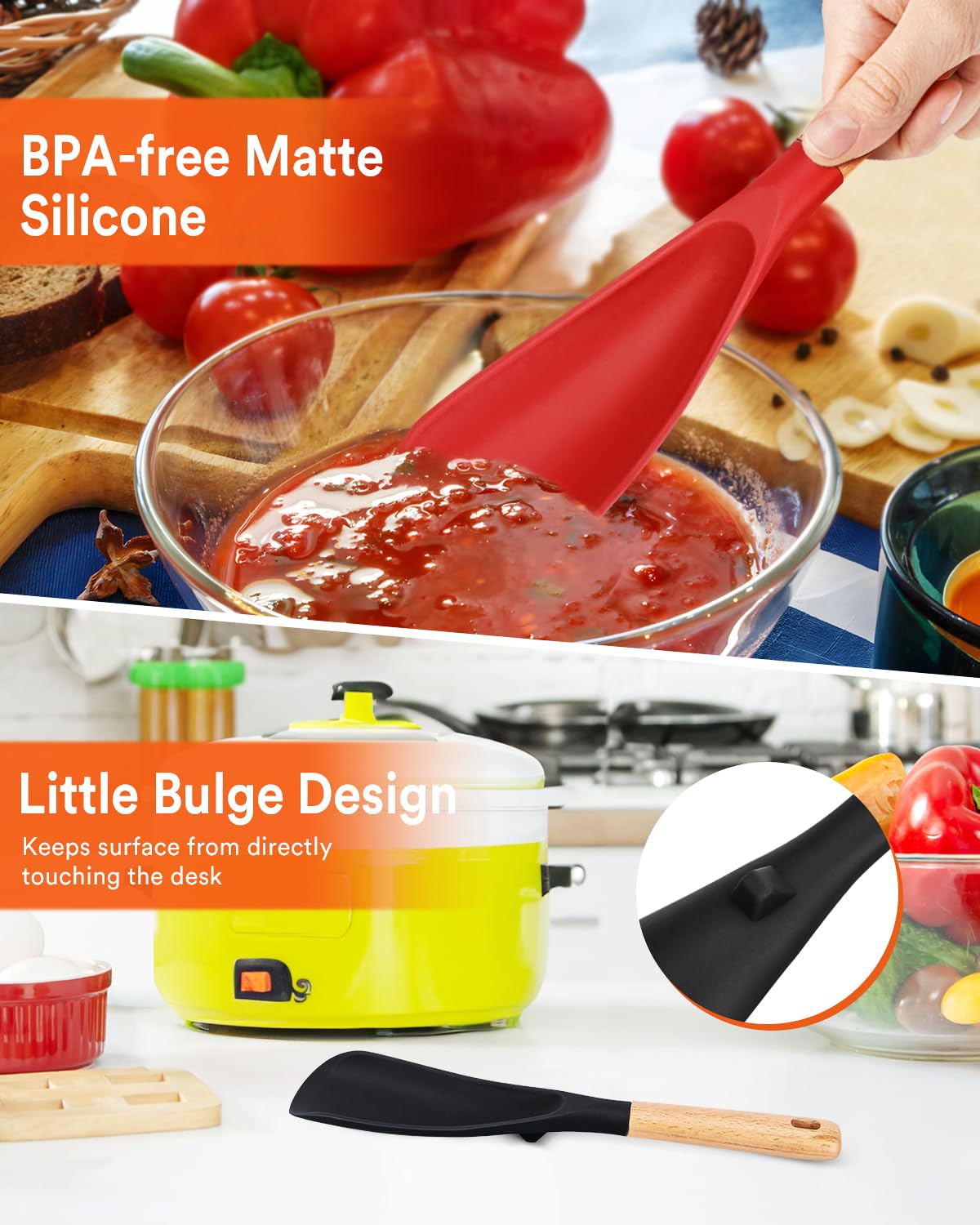 Cooking Spoon for Nonstick Cookwares, Great for Cooking and Serving Sturdy BPA-Free Matte Silicone, Wood Handle Spoon for Mixing, Scoop, and Scrape (Black & Red, 11.4 inch)