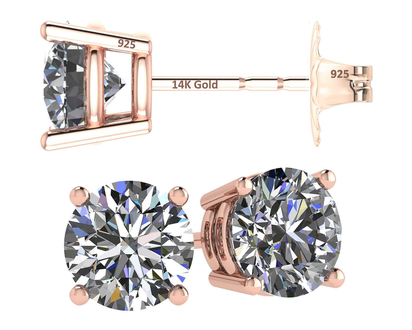 Central Diamond Center 14K Solid Gold Post & Sterling Silver Made with Swarovski 4 Prong CZ Stud Earrings - Rose Gold Plated - 4.0mm - 0.50cttw