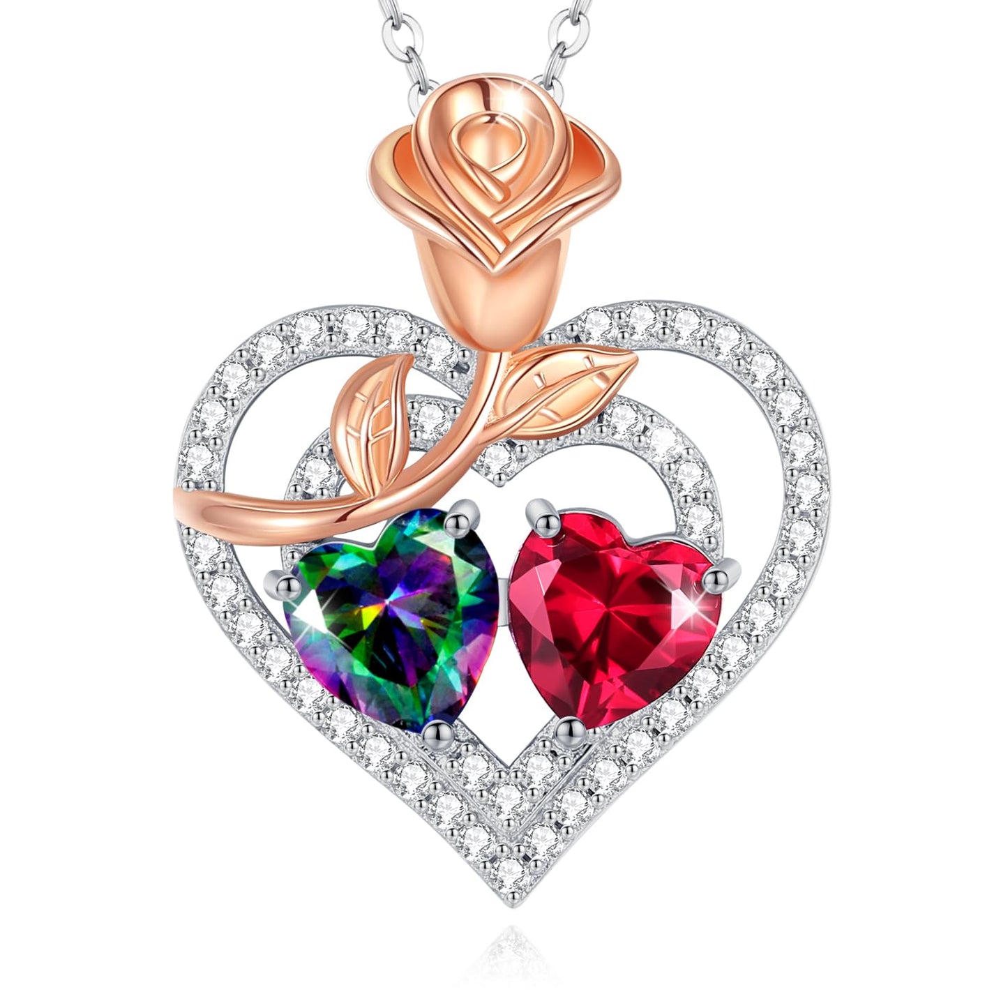 AGVANA June July Birthstone Jewelry Alexandrite Ruby Necklace Sterling Silver Rose Flower Heart Double Birthstone Pendant Necklace Anniversary Birthday Gifts for Women Mom Wife Lady Her