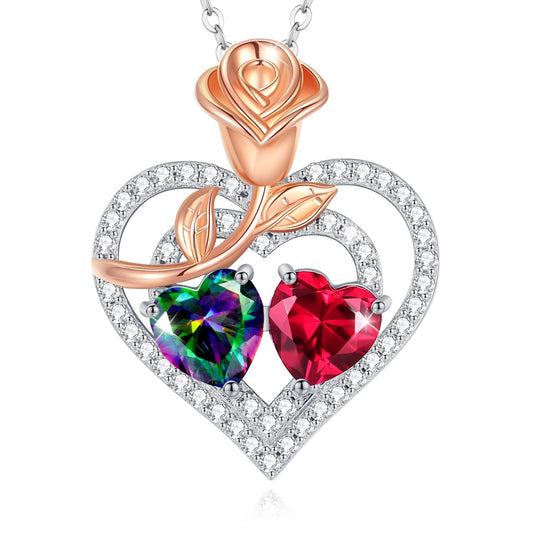 AGVANA June July Birthstone Jewelry Alexandrite Ruby Necklace Sterling Silver Rose Flower Heart Double Birthstone Pendant Necklace Anniversary Birthday Gifts for Women Mom Wife Lady Her