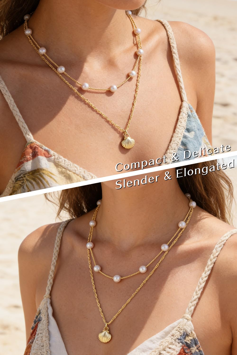 Beach Layered Shell Necklace for Women, 14K Gold Plated Starfish Conch Seashell & Pearl Charm Pendant, Dainty Coastal Summer Vacation Jewelry (Seashell Necklace)