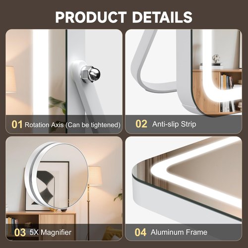 MINISO Vanity Mirror with Lights and Bluetooth Speaker, 10.6" x 13.8" LED Makeup Mirror, Light & Brightness Smart Sensor, Aluminum Alloy Metal White Frame, with 10X Magnifying Glass