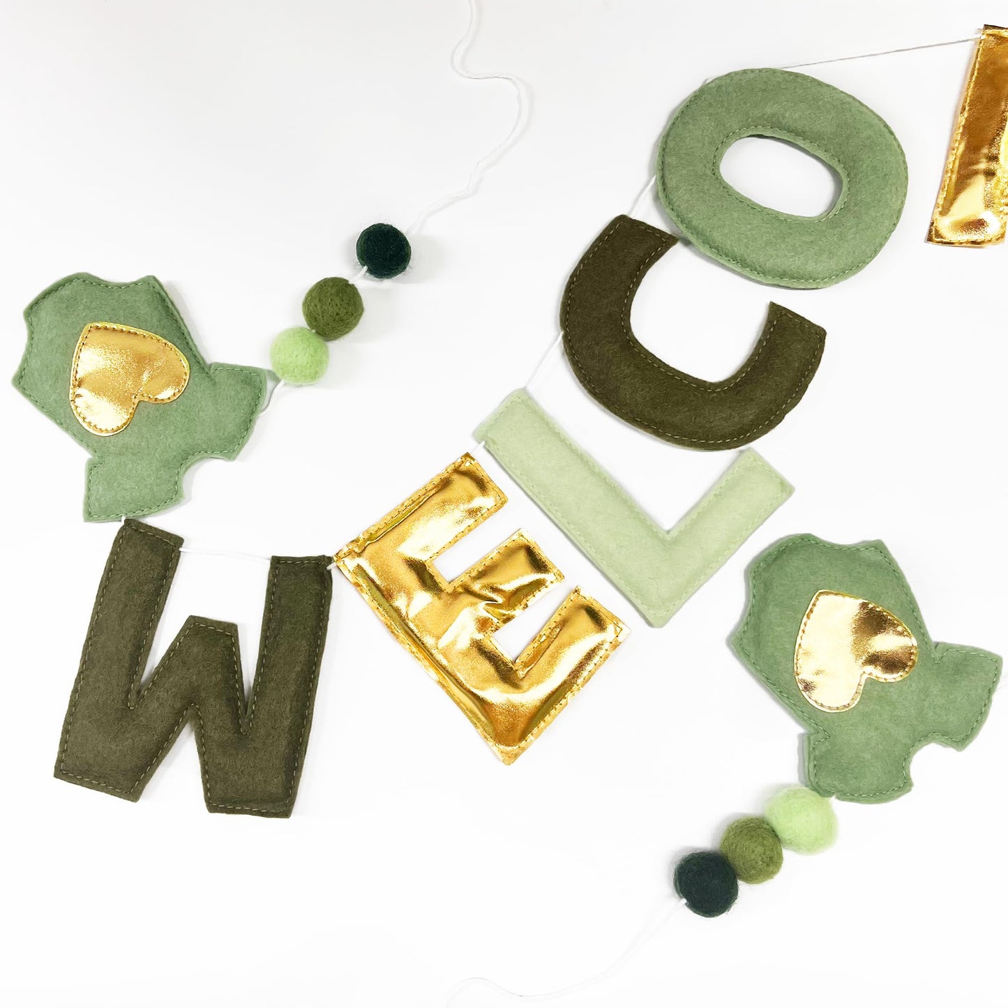 Sage Green Gold Baby Shower Decorations Pre-Strung Handmade Felt Metallic Gold Welcome Baby Sign Baby Clothes Wool Felt Ball Banner for Neutral Baby Shower Party Nursery Home Fireplace Room Decor