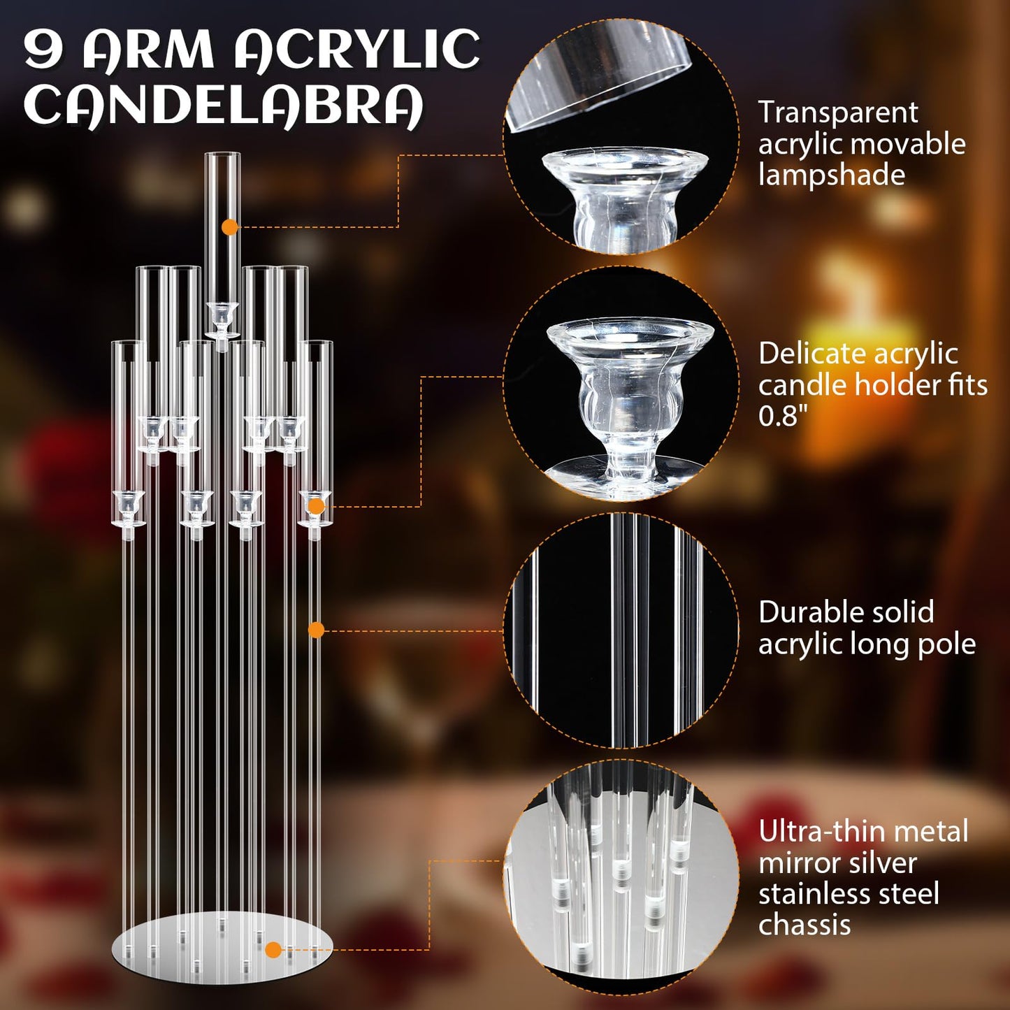 Tessco 4 Pcs 9 Arm 42.5" Acrylic Candelabra Table Centerpiece Floor Candelabras Clear Candle Holder with Removable Lampshade Wedding Candelabra Centerpiece Fit 0.8 LED"