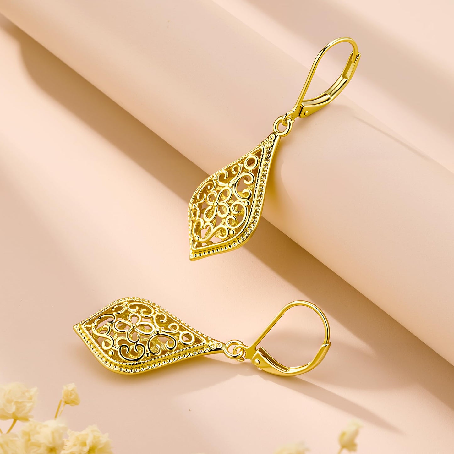 14K Gold Dangle Earrings for Women, Filigree Dangling Leverback Earrings, Gold Waterdrop Hypoallergenic Dangly Drop Earings for Women Trendy Jewelry Gifts