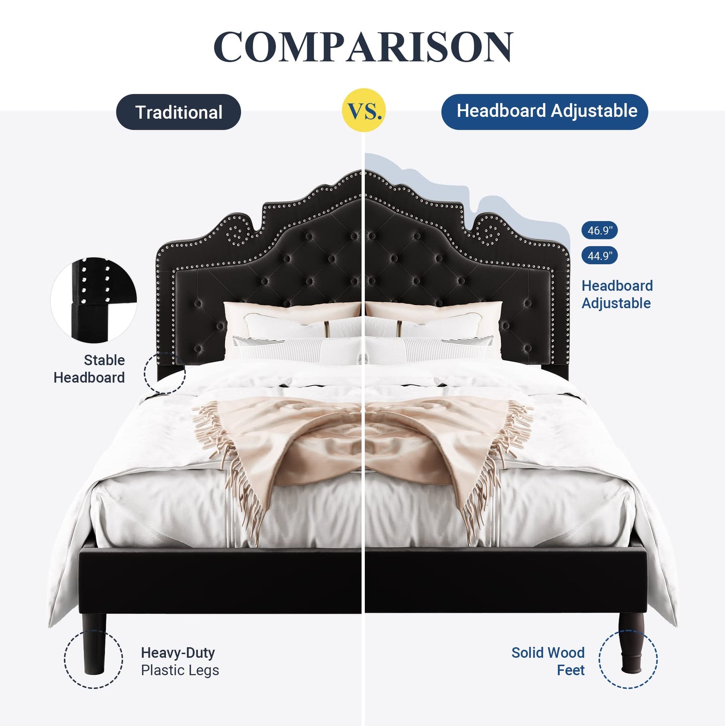 Allewie King Bed Frame with Adjustable Velvet Tiara Headboard, Upholstered Diamond Button Tufted Platform Bed, Wood Slats Support, No Box Spring Needed, Mattress Foundation, Easy Assembly, Black