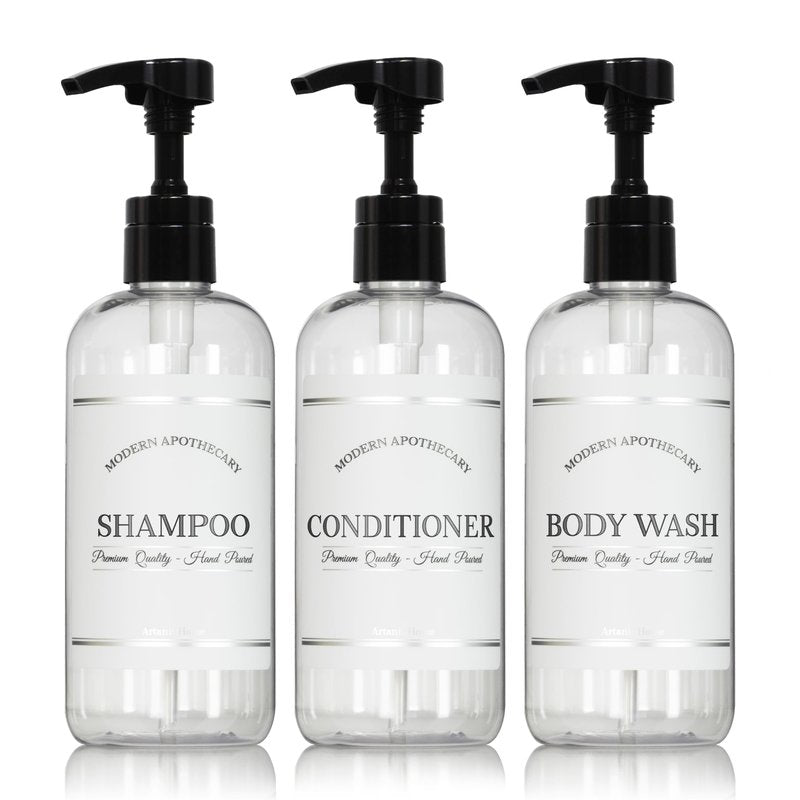 Clear Refillable Shampoo and Conditioner Bottles - Body Wash, Shampoo and Conditioner Dispenser - PET Plastic Shampoo Bottles Refillable with Pump - Waterproof Labels - 16 oz, 3 Pack (White Plastic)