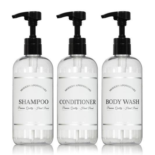 Clear Refillable Shampoo and Conditioner Bottles - Body Wash, Shampoo and Conditioner Dispenser - PET Plastic Shampoo Bottles Refillable with Pump - Waterproof Labels - 16 oz, 3 Pack (White Plastic)