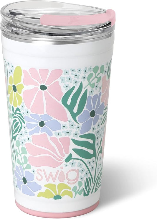 Swig Life 24oz Party Cup, Stackable Insulated Travel Coffee Tumbler with EZ Slider Lid, Cup Holder Friendly, Stainless Steel 24 oz Tumbler, Reusable Coffee Mug (Garden Party)