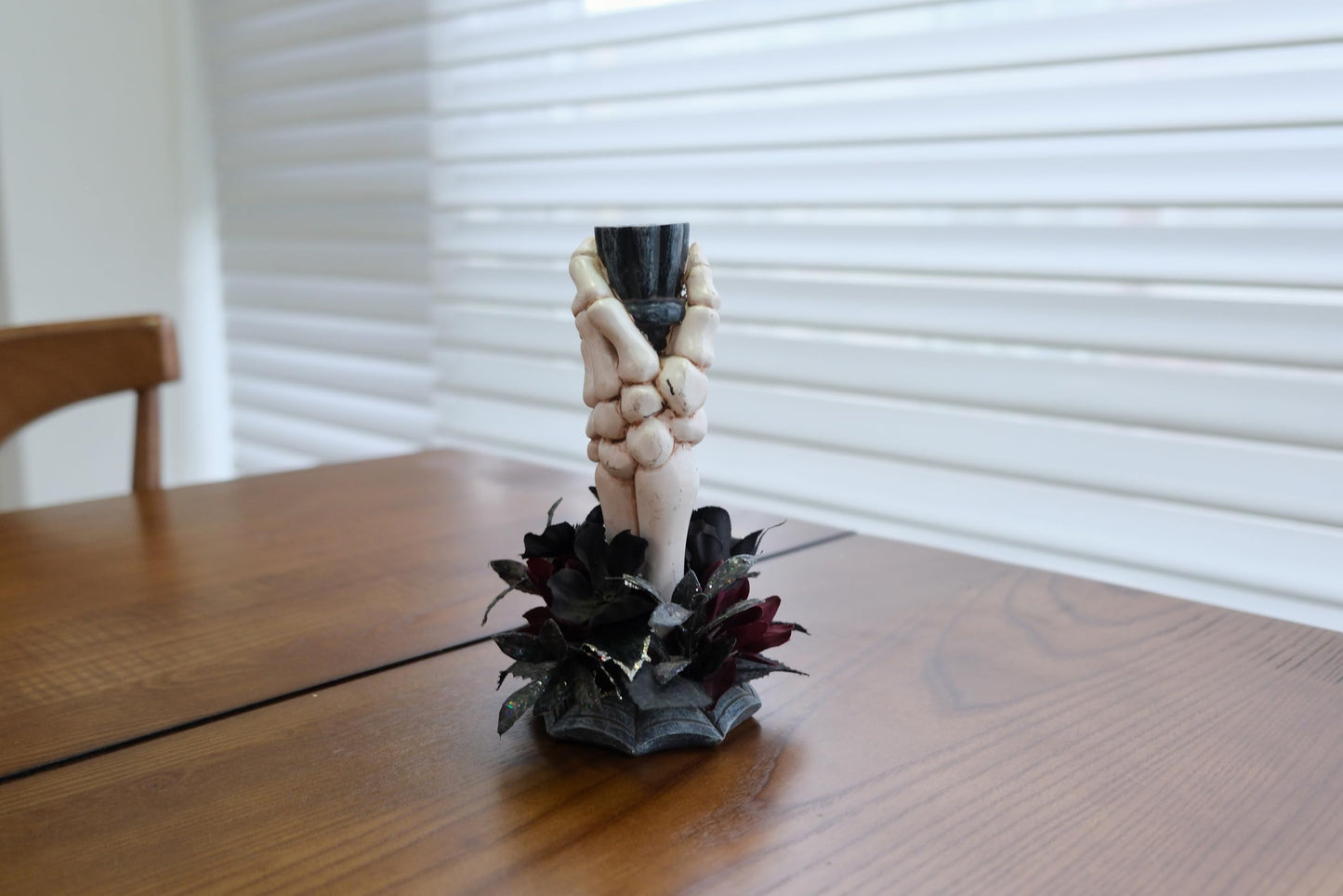 LushNook Halloween Candle Holder, Resin Skeleton Hand Candlestick with Black Faux Flower, Halloween Decor for Home Table, 7" Height"