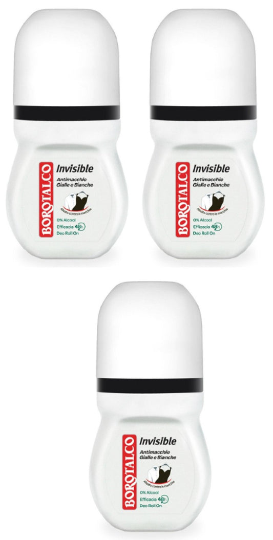 Borotalco:"Invisible" Anti-Stain Deodorant 1.69 Fluid Ounces (50ml) Deo Roll On (Pack of 3) [ Italian Import ]