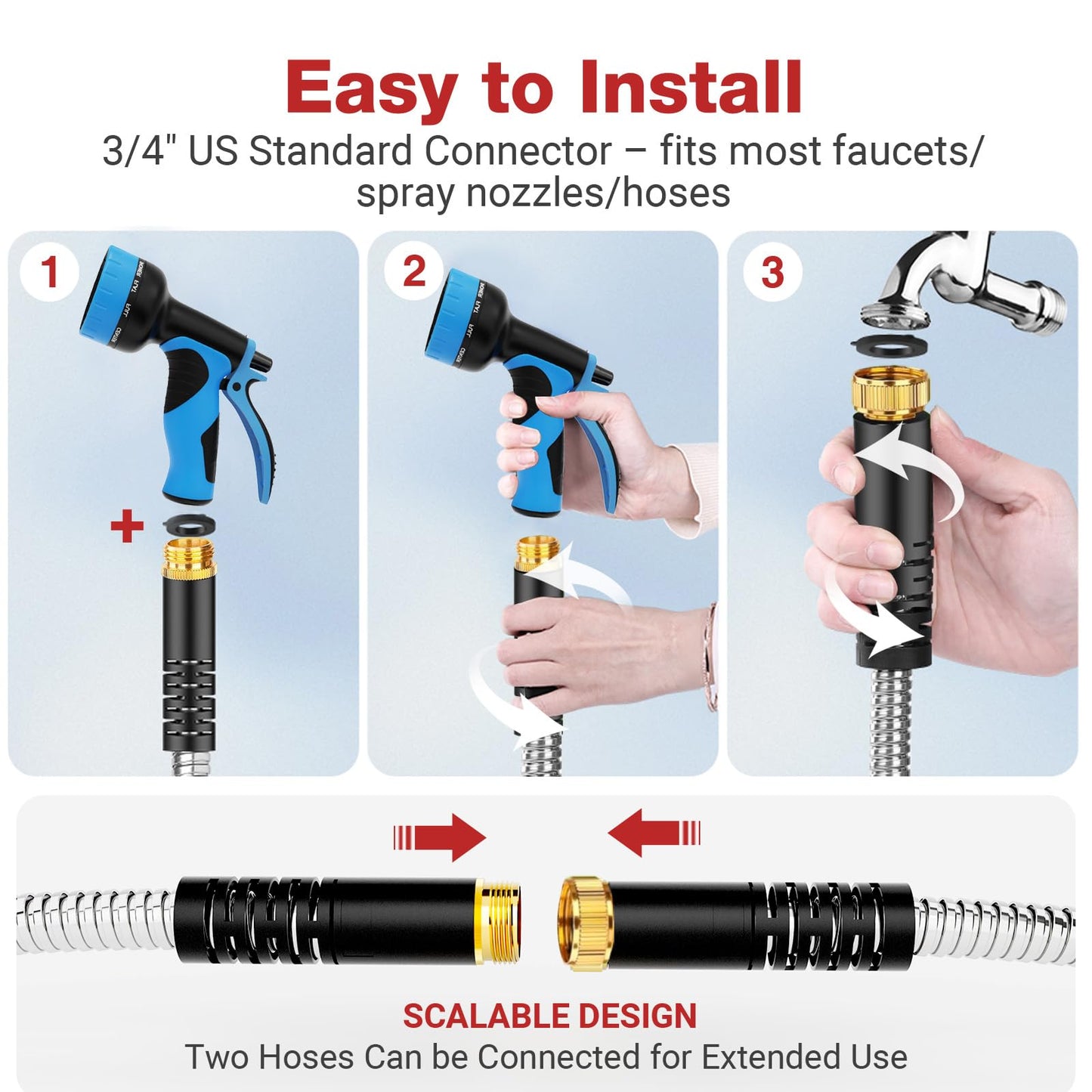 Lefree 100ft Metal Garden Hose - Heavy Duty 304 Stainless Steel Flexible Water Hose, No Kinks & Leak-Proof with Upgraded Handle, 10-Function Spray Nozzle & 4 Spare Gaskets for Yard, RV, Pet Bath