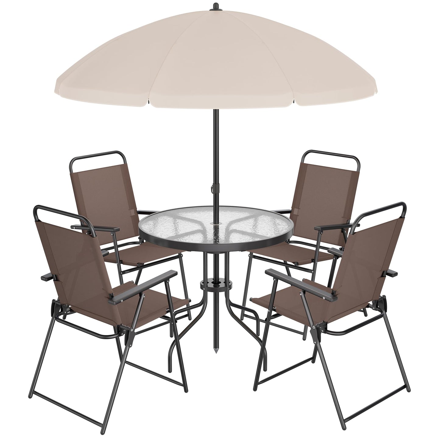 Shintenchi 6 Piece Patio Dining Set with Umbrella, Outdoor Furniture Set with 4 Folding Chairs and Tempered Glass Top Dining Table fot Lawn Backyard Garden Porch Black