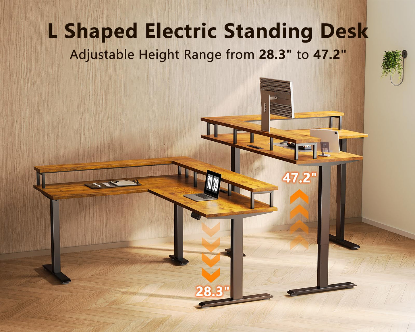 AODK Electric L Shaped Standing Desk, 59 Inch Height Adjustable Stand Up Desk with Power Outlets ＆ Full Monitor Stand, Reversible Corner Desk for Home Office ＆ Computer Workstation, Rustic Brown