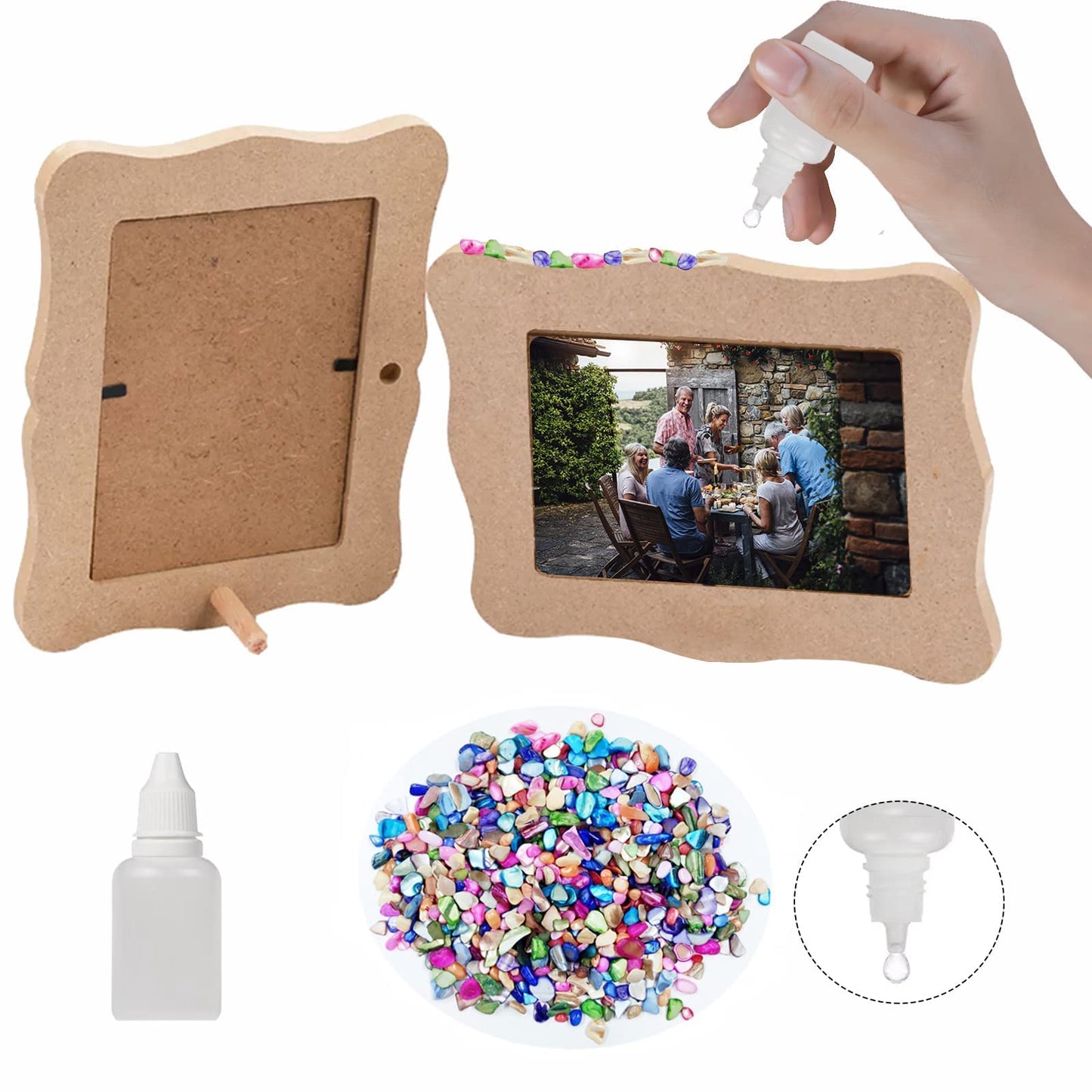 WOOPSOO Diy Picture Frame kit Handmade Shell Fragment Decoration Picture Frames Family Gifts Crafts Photo Frame for Kid 7 inch Wooden Picture Seashell Frames for Crafts Birthday Party