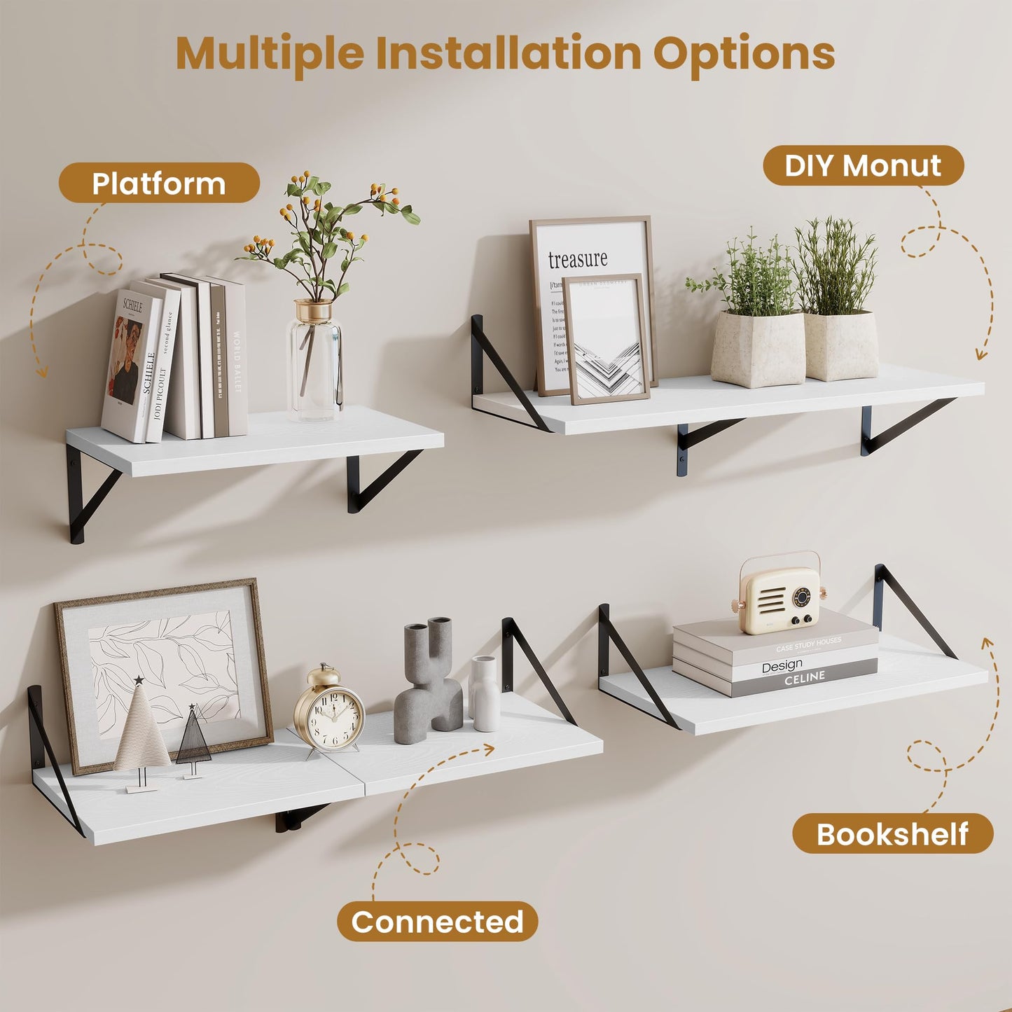 Acovy Deep Floating Shelves,24" Wx10 D Floating Shelf for Wall Set of 2,Hanging Storage Shelf with Metal Brackets,Wide Display Wall Shelves for Living Room,Bedroom,Bathroom,Kitchen,White