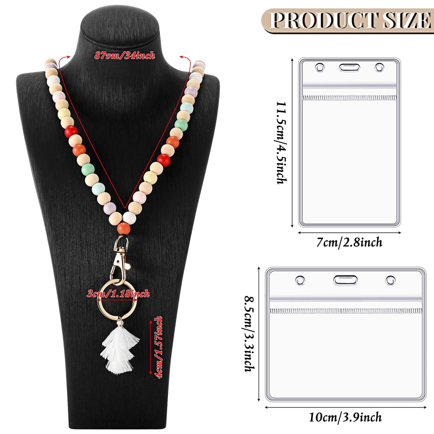 Sintuff 12 Pieces Wood Beaded Lanyard Card Holder Set, Including 4 Wooden Bead Neck Bohemian Lanyards with Tassel and 8 Clear Waterproof ID Card Holder, Nurses Employees Teacher Appreciation Gifts