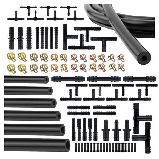 6PCS 5Ft Silicone Vacuum Hose Automotive Kit,ID 3/8",5/16",1/4",3/16",5/32",1/8" Vacuum Lines Automotive with Tee/Straight/Reducer Connector & Clamps,Professional Vacuums Line Kit (94PCS)