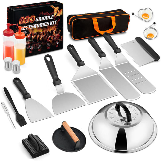 18Pcs Griddle Accessories Kit for Blackstone, Joyfair Flattop Grilling Accessory Set with Smash Burger Press, Stainless Steel Spatula Tools with Basting Cover for Outdoor BBQ Cooking (PP Handles)