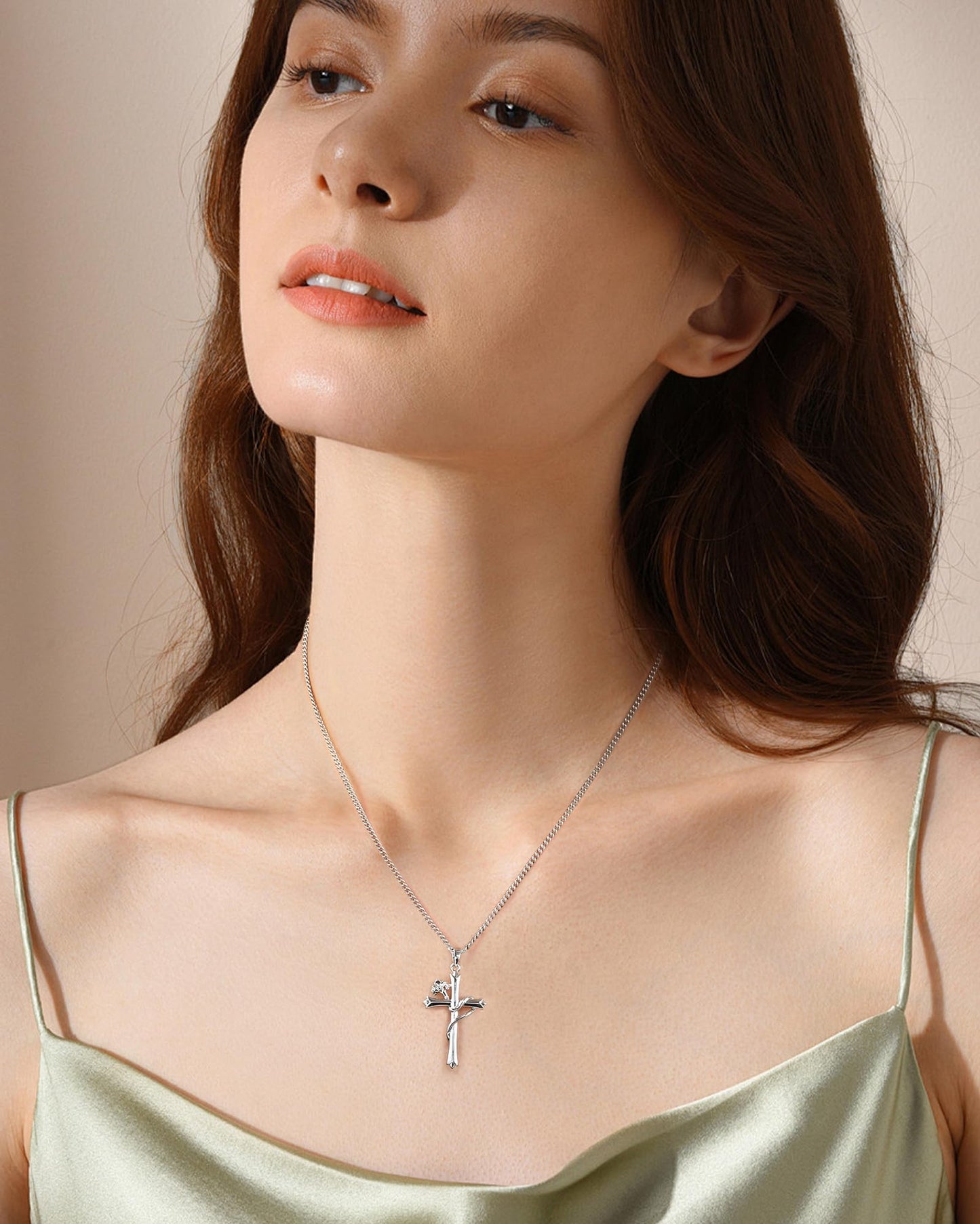 ACECHA Silver Cross Necklace for Women, Dainty Faith Cross Pendant Necklaces with Birthflower Jewelry for Mom Wife Daughter Sister | Gifts for Birthday Anniversary Christmas Easter(Carnation)