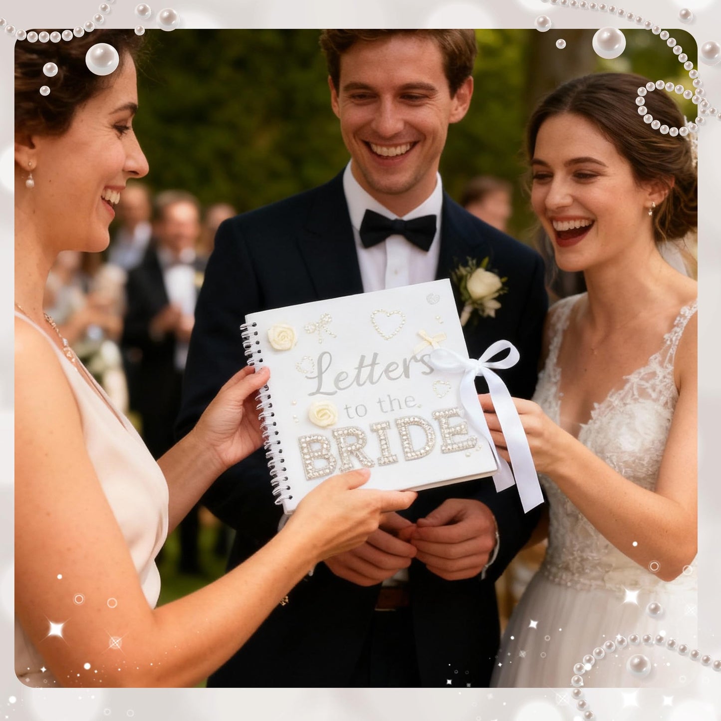 WATINC Letters to The Bride Scrapbook Kit - 8x8 Inch DIY Wedding Photo Album Guest Book for Bridal Shower Bachelorette Party, Beige Memory Book with 3D Flower Bow Envelopes Pearl Letters Stickers