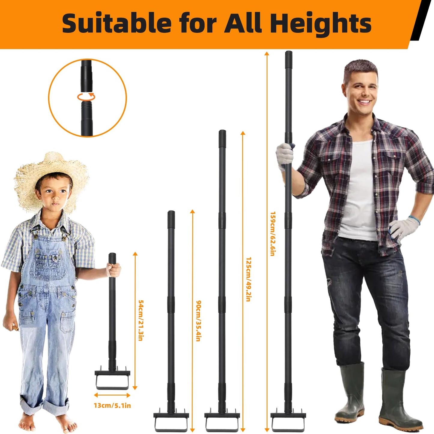 Weed Puller with 62.6” Adjustable Long Handle, Heavy Duty Stirrup Hoe, 4 Tines 2 in 1 Garden Cultivator for Weeding and Soil Loosening, Black