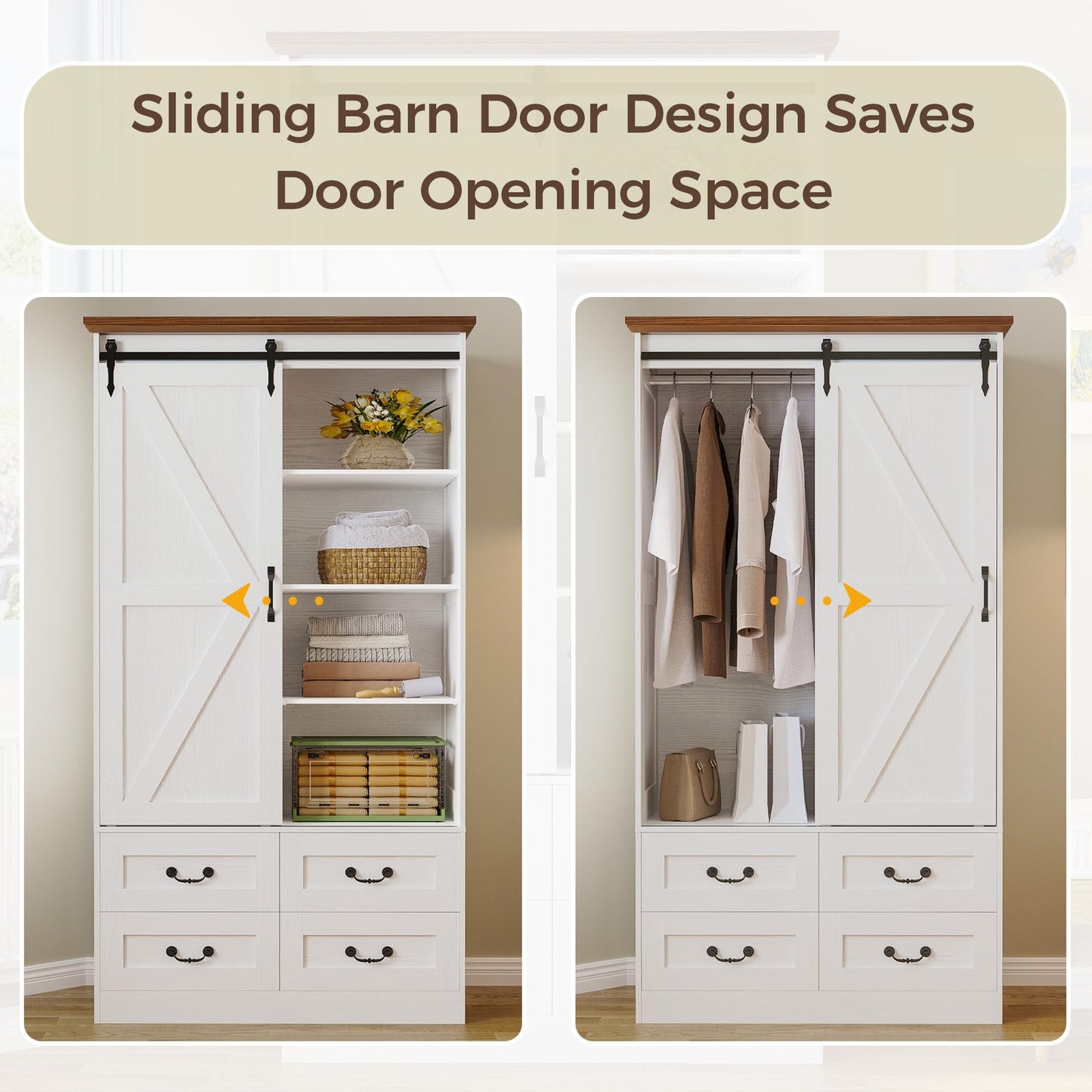 IRONCK Armoire Wardrobe Closet with 4 Drawers,71" Wardrobe Cabinet with Sliding Barn Doors, Tall Clothing Storage Cabinet with Hanging Rod and Shelves for Bedroom, White
