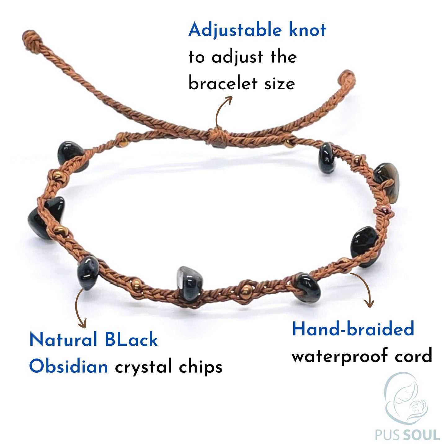 PusSoul Handmade Black Obsidian Small Crystal Bracelet (6.5-7.5'') - Adjustable & Plus Size, Real Black Obsidian, Waterproof, Chakra Beaded - Unusual Jewelry for Women, Girl & Friendship from