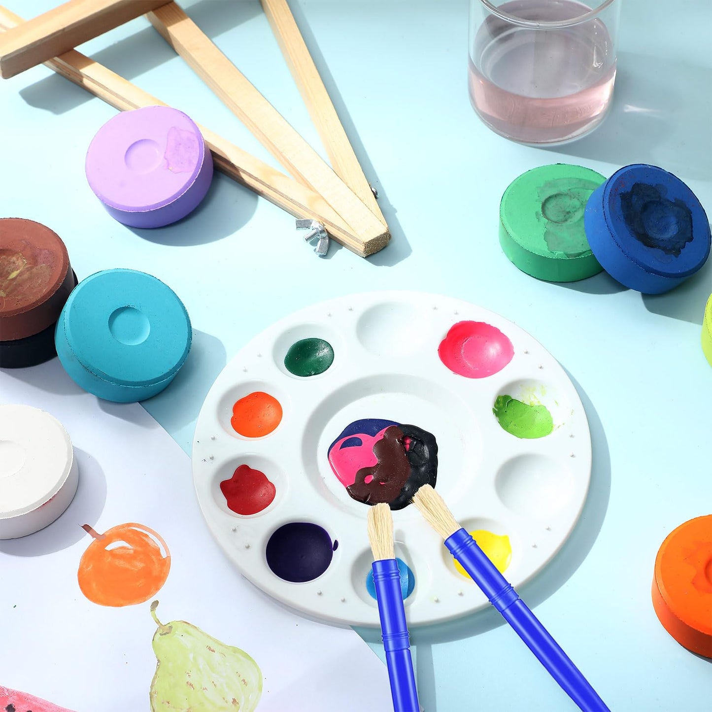 Nuanchu 12 Set 144 Pcs Tempera Paint Cakes with Tray 12 Colors 2.24 x 0.71 Inch Painting Cakes with Paintbrush Paints Blocks Art Supplies for Art Sessions Drawing Artists Beginners