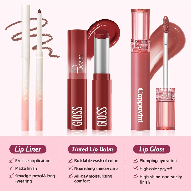KIMUSE 3 Pack Lip Combo Set, 3-Step Plumping Korean Lip Kit, Waterproof Long-Lasting Satin Finish Lip Makeup Kit, Non-Sticky Lightweight Formula for Plump Hydrated Lips, Gift Ready (Berry Mousse Set)
