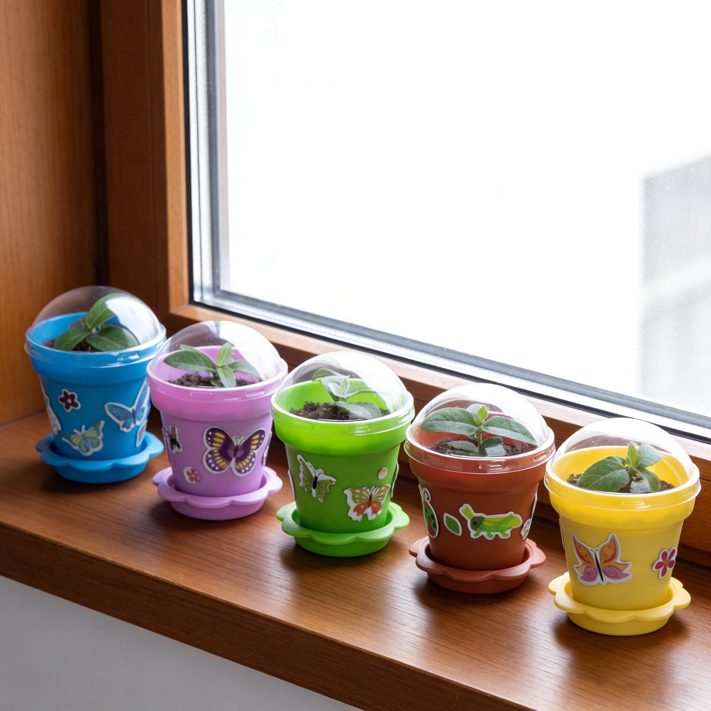 25 Packs Cupcake Plant Nursery Pots with Humidity Dome, Small Plastic Flower Plant Pots with 20 Sheet Stickers, Seeds Starter Pot Flower Planting Container for Seedlings Succulent Display (Mix Colors)