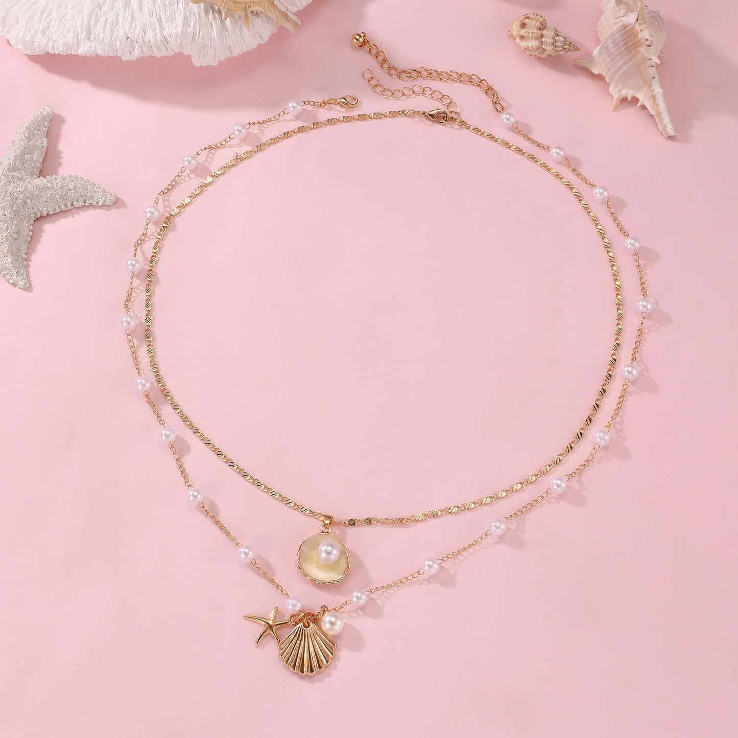 Drogomen Sea Shell Necklace for Women Layered Shell Charm Necklaces Boho Ocean Starfish Seashell Necklace Summer Beach Vacation Essentials Jewelry for Women (AW)