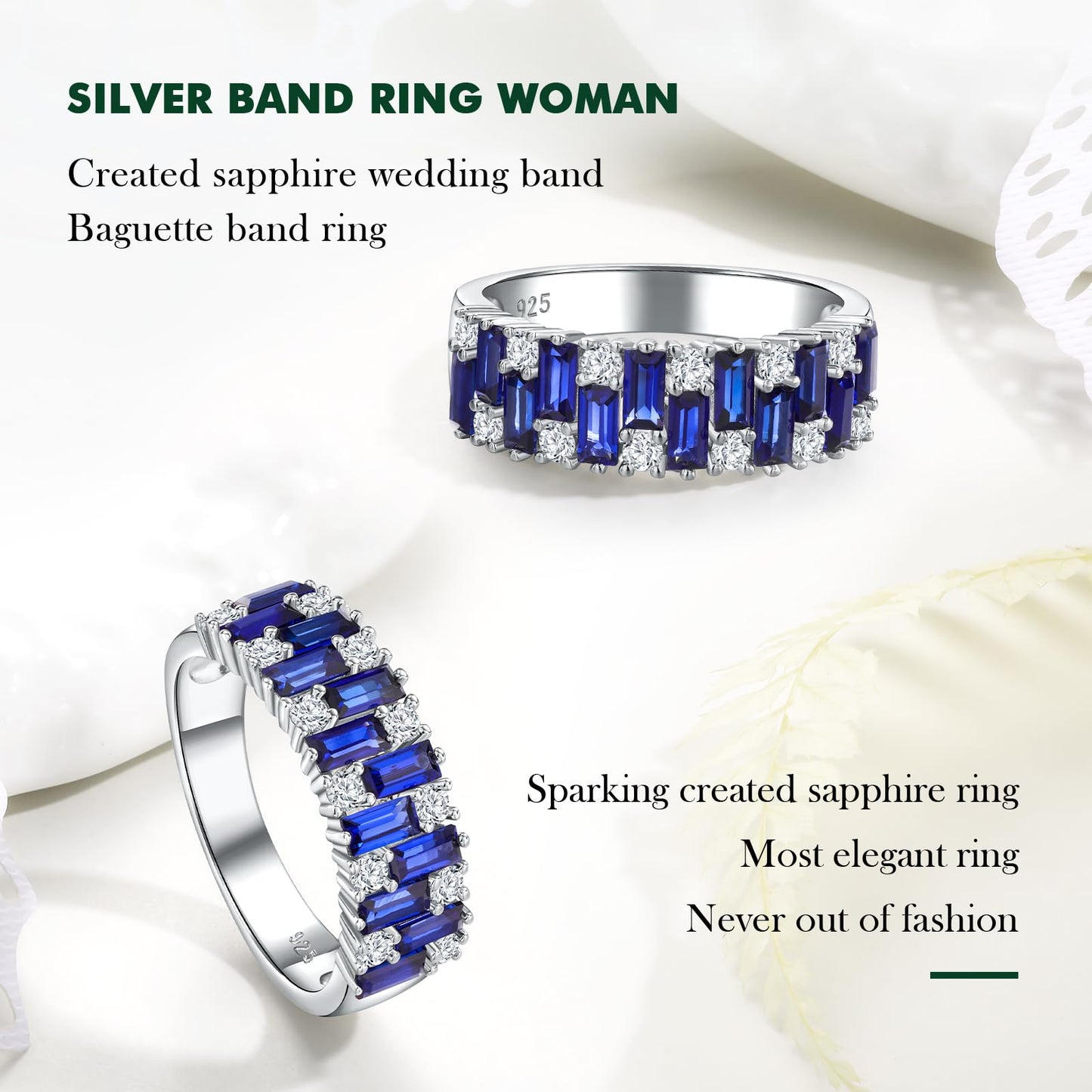 RANDES Sapphire Ring Half Eternity Wedding Bands for Women Men 925 Sterling Silver Blue Stone September Birthstone Ring Size 10