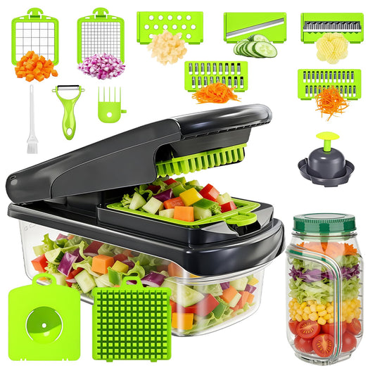 16-in-1 Vegetable Chopper with Container & Side-Opening Salad Jar – Perfect for Vegetable Salads at Lunch and Dinner.Chopper Set Functions as an Onion Chopper, Potato & Carrot Grater, and More.