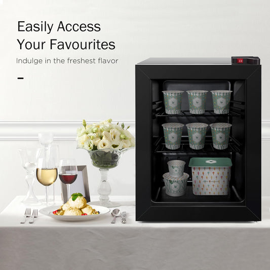 ADT Mini Freezer with Display Glass Door 2.1 Cu Ft Small with 2 Removable Shelves 7 Temperature Settings -8°F to 14°F Perfect for Liquor and Ice Cream