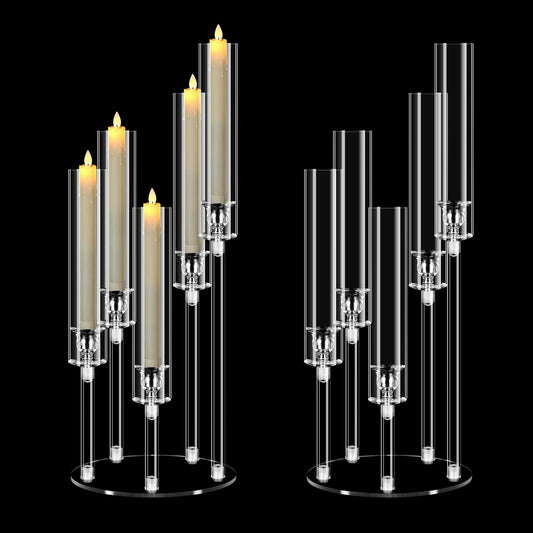 2 Set 5 Arm Acrylic Candle Holder, Mjkeomo 22'' Tall Candelabra Centerpieces for Tables, Candlesticks Holder with Lampshade for Housewarming Gift Fireplace Dinner Decor Fit 0.82'' LED Candle